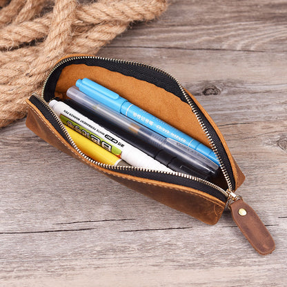 First Layer Cowhide Handmade Pencil Pen Storage Zipper Glasses Case